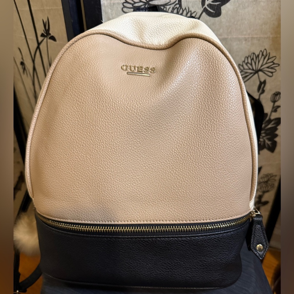 GUESS Two-Tone Pebbled Backpack in Cream & Black